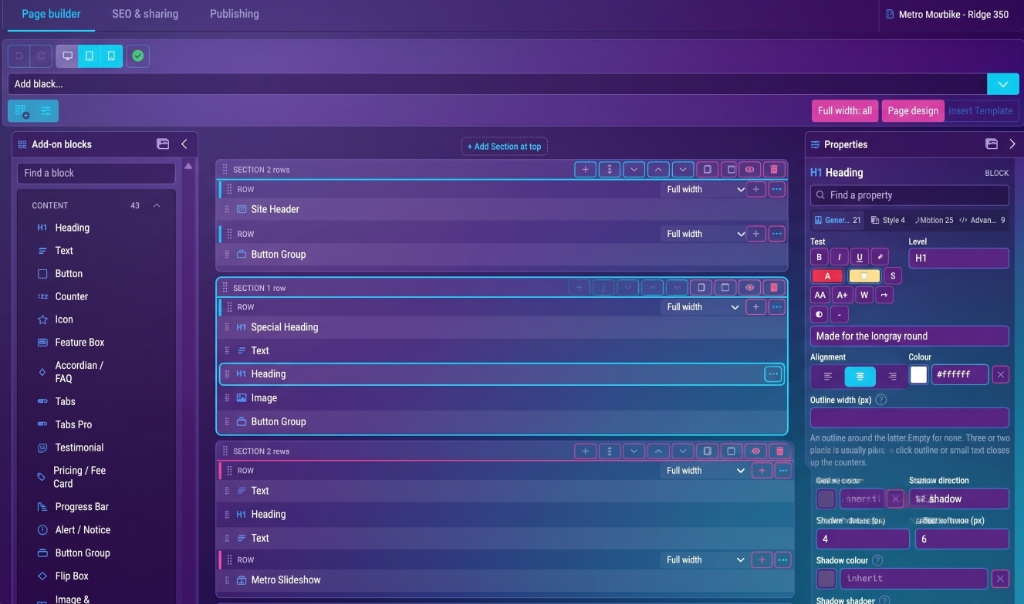 The Metro Page Builder canvas: a block palette on the left, a page being laid out in the middle, and the settings for the selected block on the right.