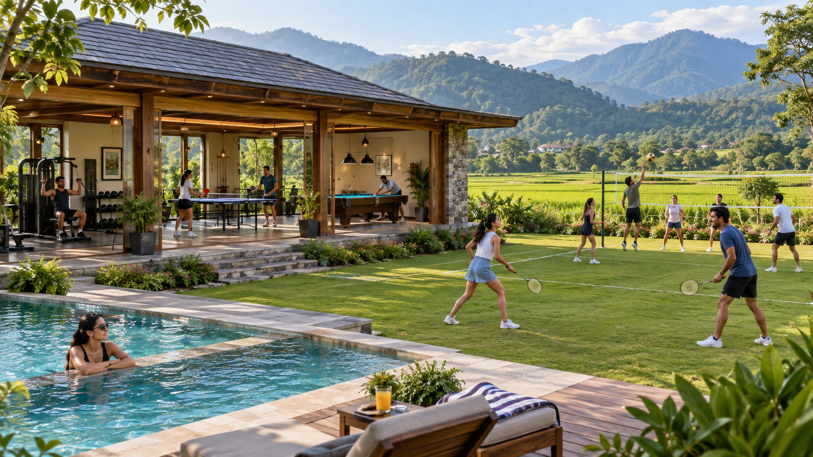 Guests enjoying courts, pool, gym and indoor games